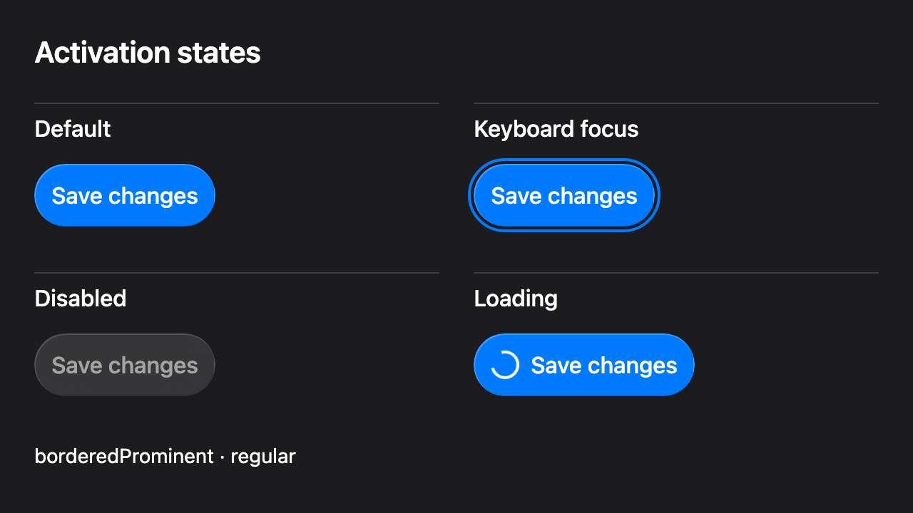 The same prominent Save changes Button in default, keyboard focus, disabled, and loading states. Only the focus example has a keyboard ring; loading shows a spinner.