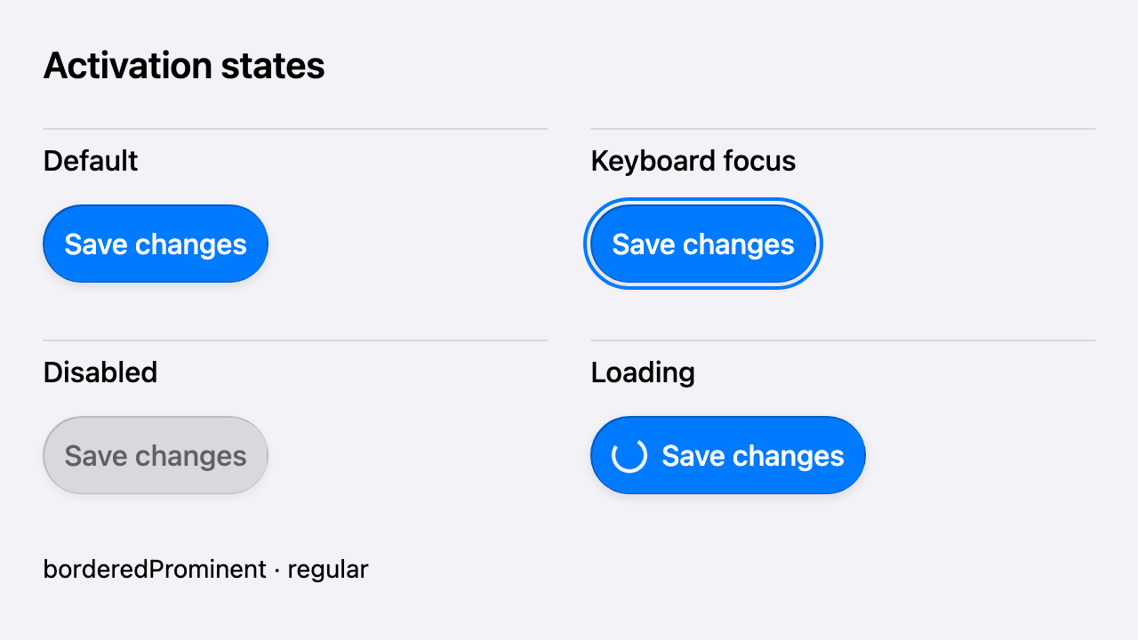 The same prominent Save changes Button in default, keyboard focus, disabled, and loading states. Only the focus example has a keyboard ring; loading shows a spinner.