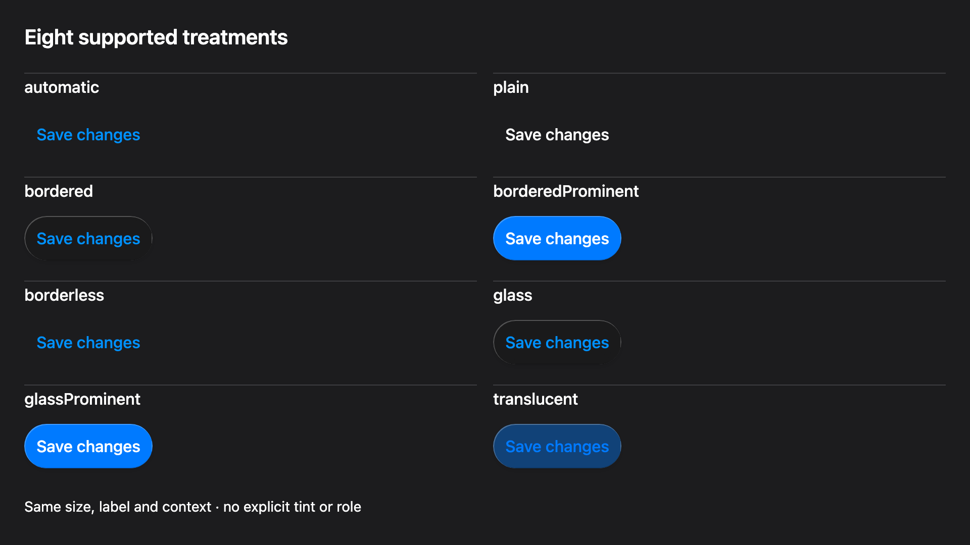 Eight regular Save changes buttons, ordered automatic, plain, bordered, borderedProminent, borderless, glass, glassProminent, and translucent.