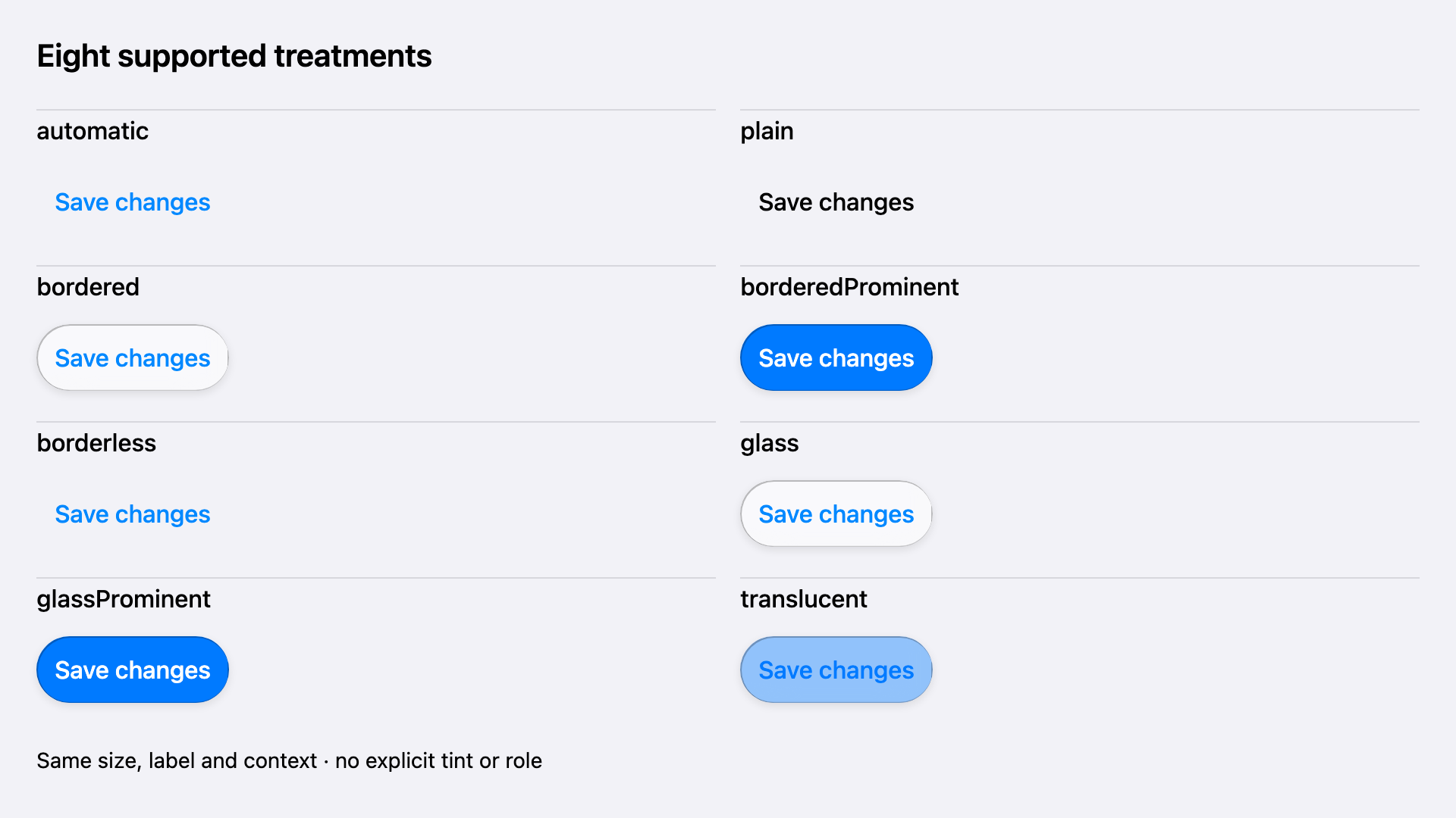 Eight regular Save changes buttons, ordered automatic, plain, bordered, borderedProminent, borderless, glass, glassProminent, and translucent.