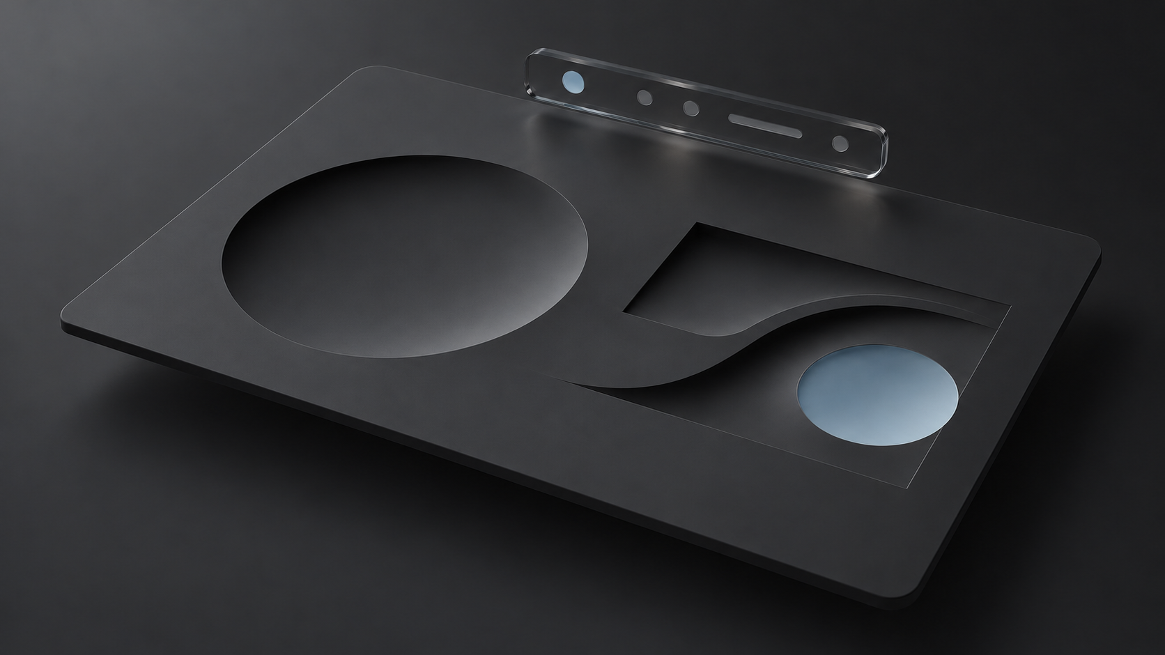 Concept illustration of a broad content plane with recessed geometric forms and a smaller floating glass navigation strip, with restrained blue accents.
