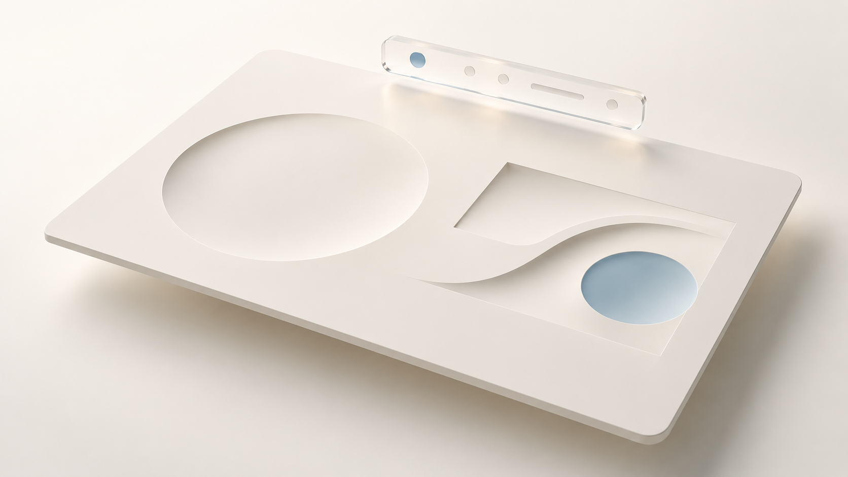 Concept illustration of a broad content plane with recessed geometric forms and a smaller floating glass navigation strip, with restrained blue accents.